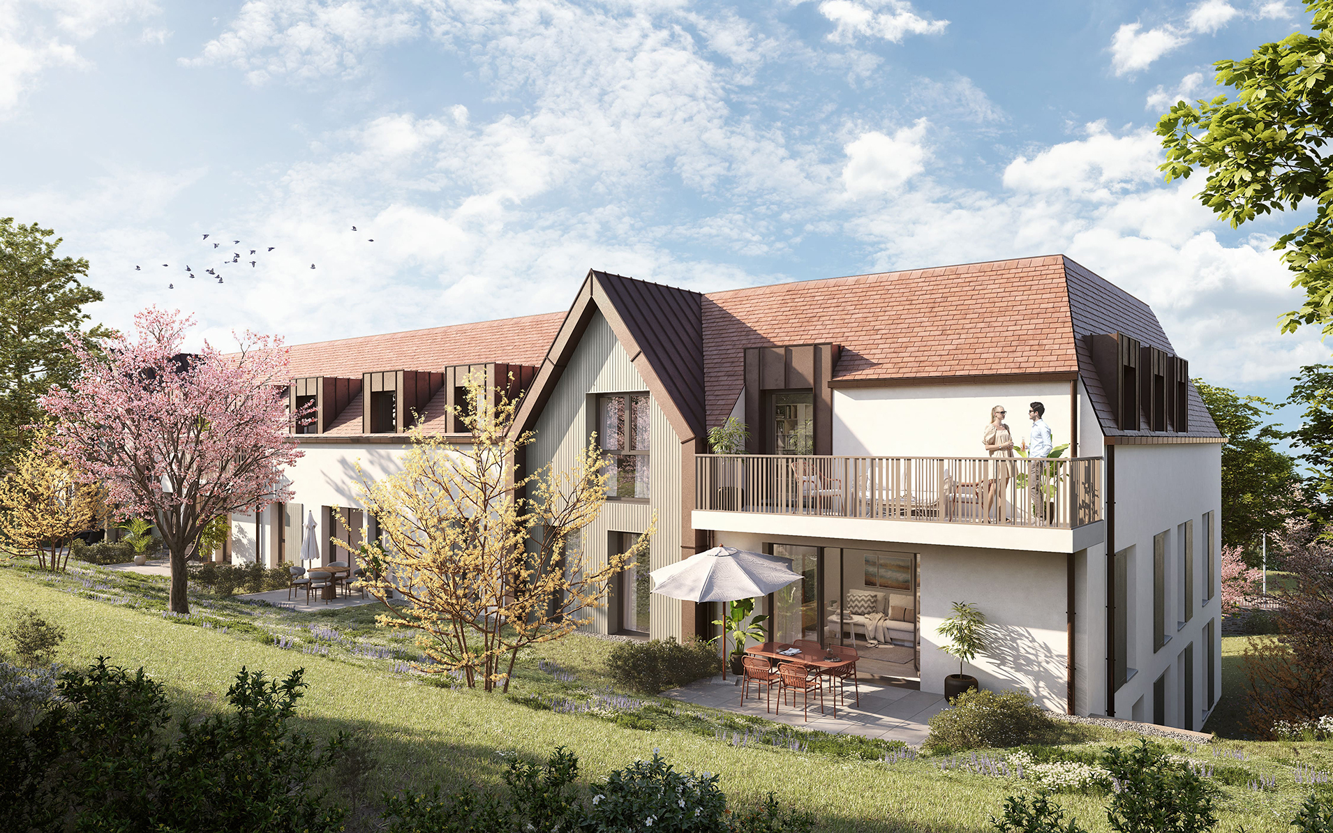 Bâtiment bioclimatique avec toiture végétalisée et brise-soleil