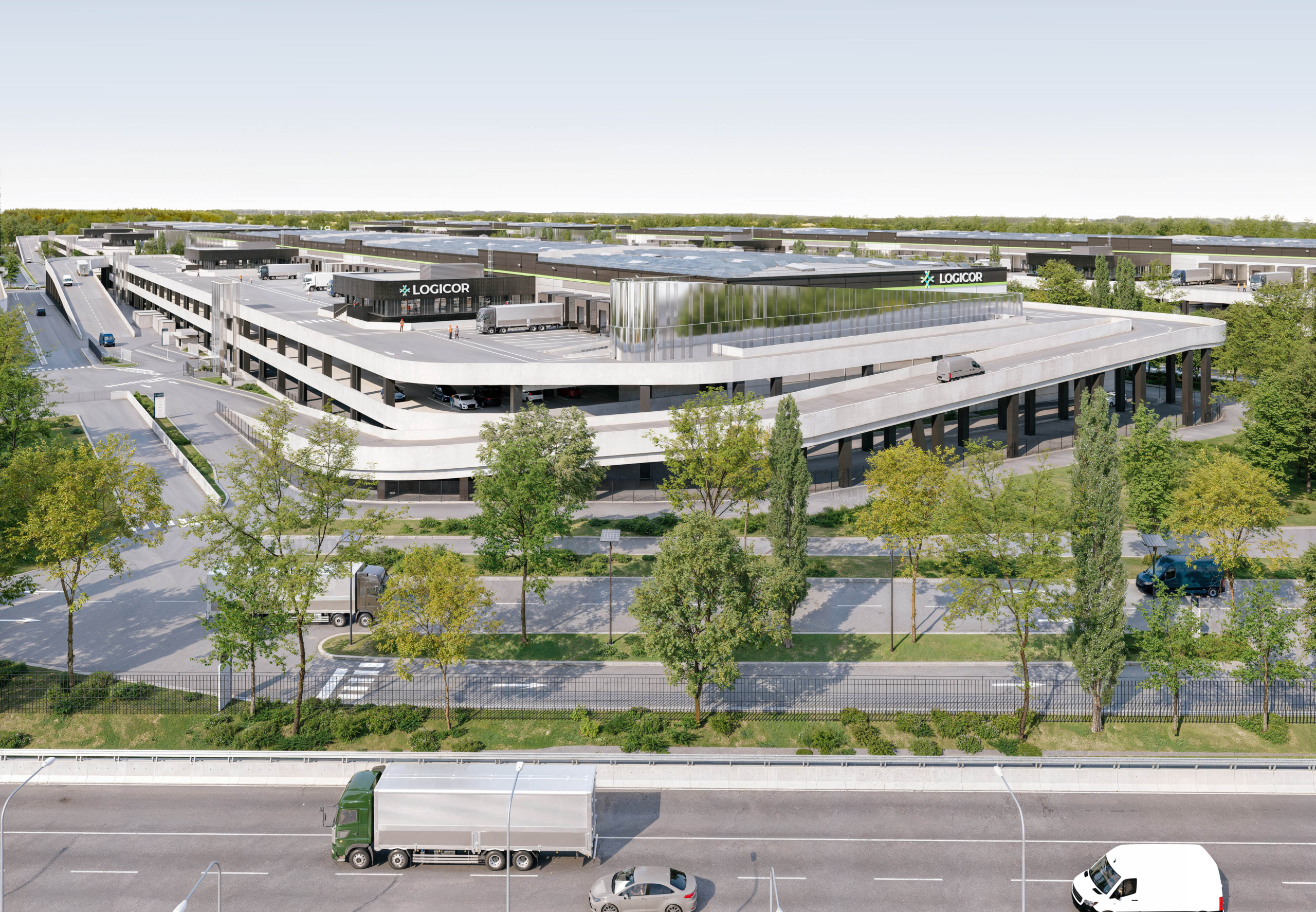 Bâtiment logistique urbain à étages avec rampes véhicules